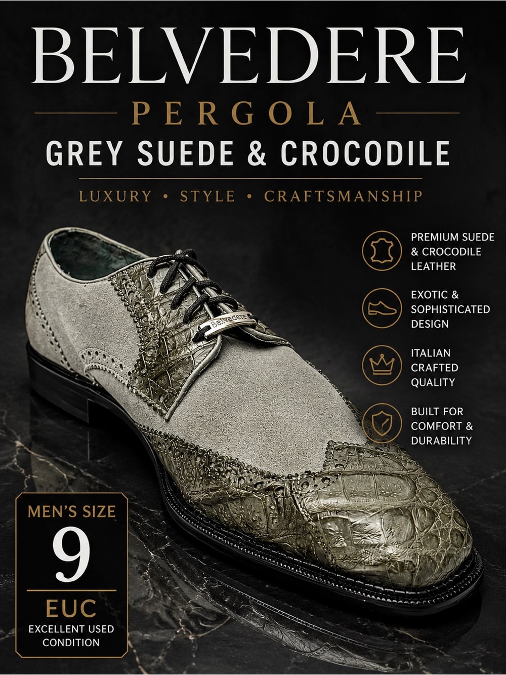 Belvedere Pergola Men’s Grey Suede & Crocodile Shoes Size 9 Luxury Dress Shoes